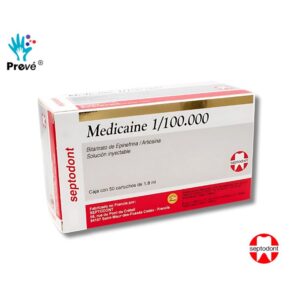 Medicaine Lidocaína 2% con Epinefrina 1:100,000 – Anestesia Dental Caja con 50 Cartuchos (1.8 ml)